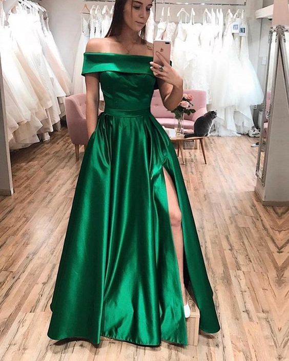 Off-the-Shoulder Hunter Green Prom Dress, Long Evening Party Formal Gowns - FashionDia