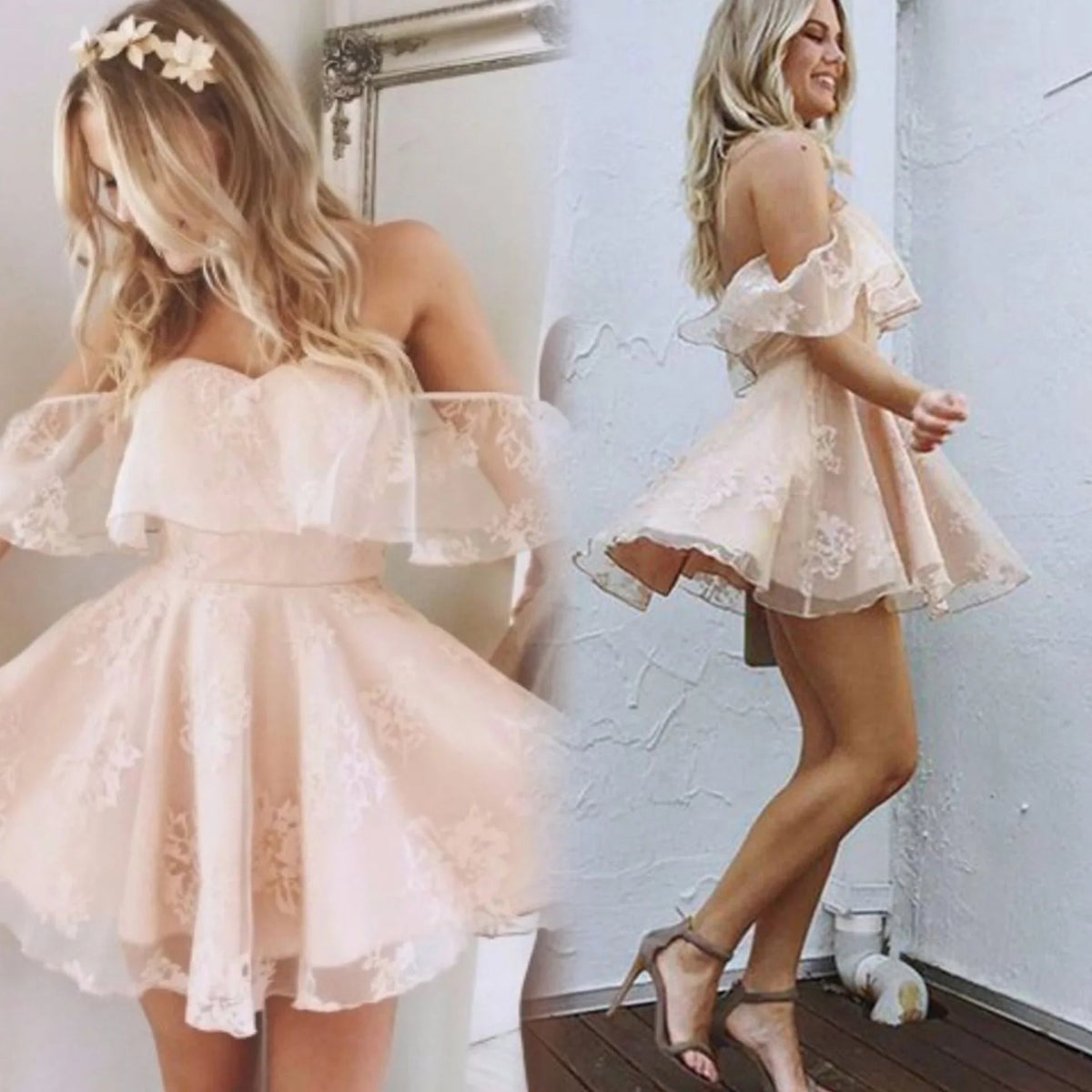 A-Line Off Shoulder Mid Back Lace Homecoming Dresses (ZD11587)