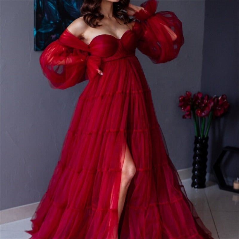 Oversized skirt fluffy soft yarn stitching maternity wear, sweetheart collar maternity party dress - View 3 | VelvetHem