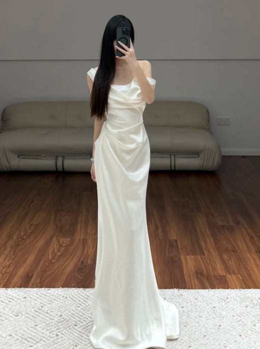 Simple Elegant White Wedding Dress Satin Evening Dress - VelvetHem
