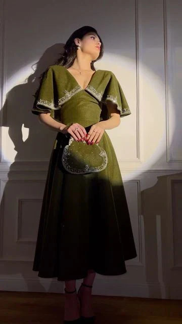 Retro Style V Neck Long Prom Dress,Winter Dance Dress