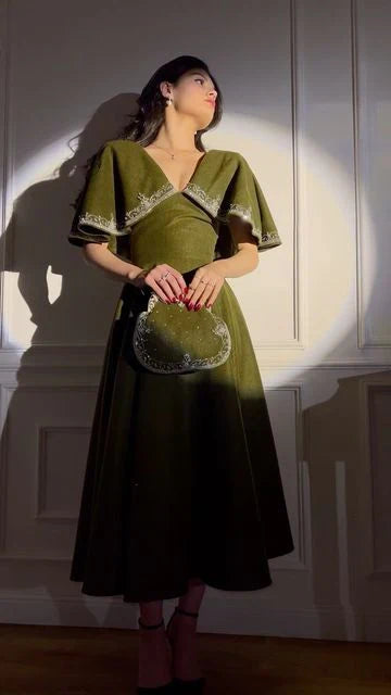 Retro Style V-Neck Long Prom Dress,Winter Dance Dress - View 7 | FashionDia