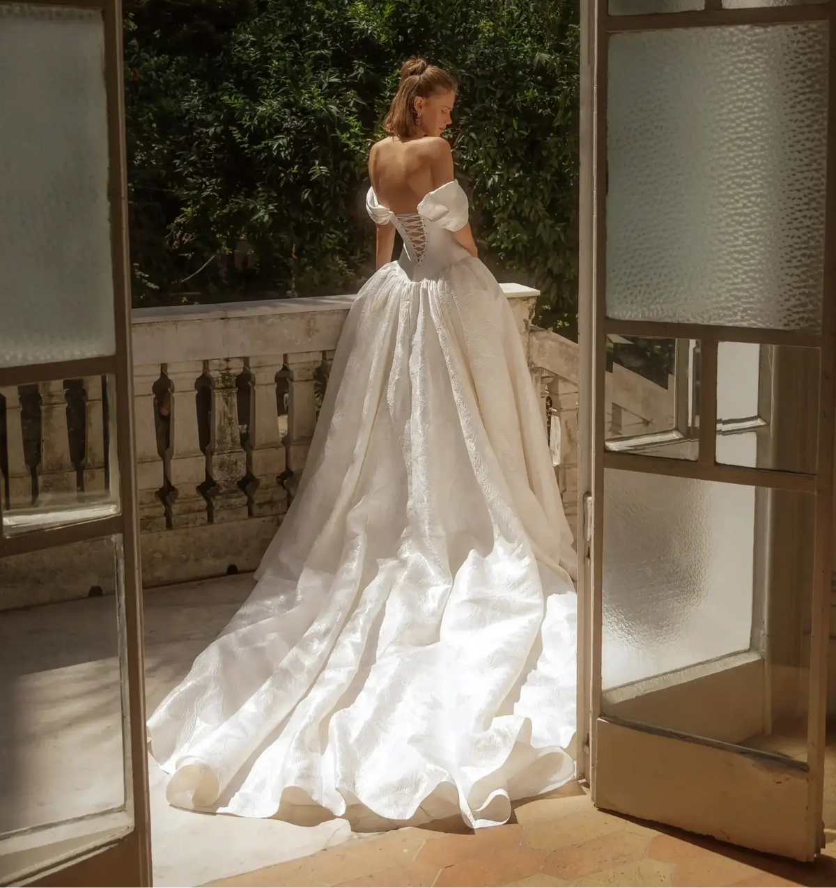 Romantic White Satin Off-the-Shoulder Ball Gown Wedding Dress with Train ZP123