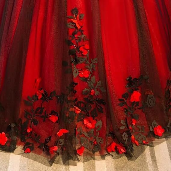 Black And Red Tulle Satin Appliques Sweet 16 Ball Gown Quinceanera Dress - View 5 | FashionDia