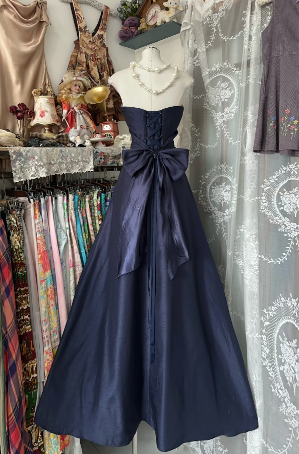 Elegant Navy Blue Strapless Satin Bow A-Line Long Wedding Guest Dress Party Dress - View 3 | FashionDia