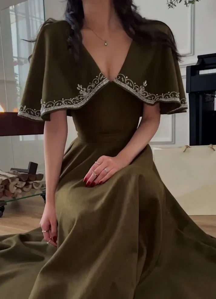 Retro Style V-Neck Long Prom Dress,Winter Dance Dress - View 3 | FashionDia