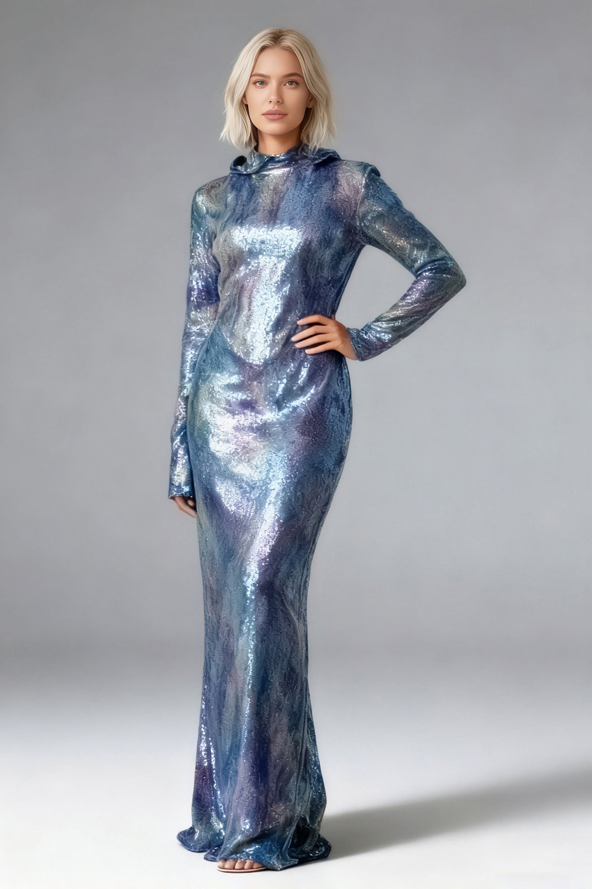High Neck Long Sleeve Backless Shimmer Sequin Maxi Dress