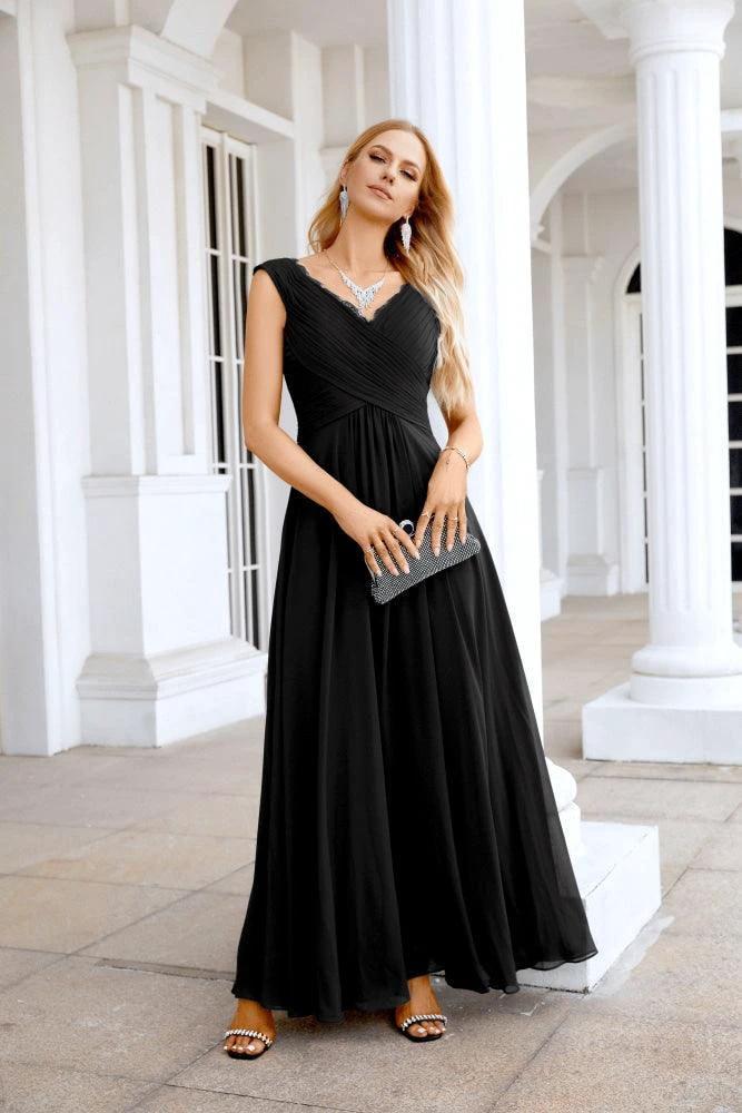 Ladies Chiffon V Neck Sleeveless Floor Length Bridesmaid Evening Dress Wedding Party Evening Dress 28126 by numbersea