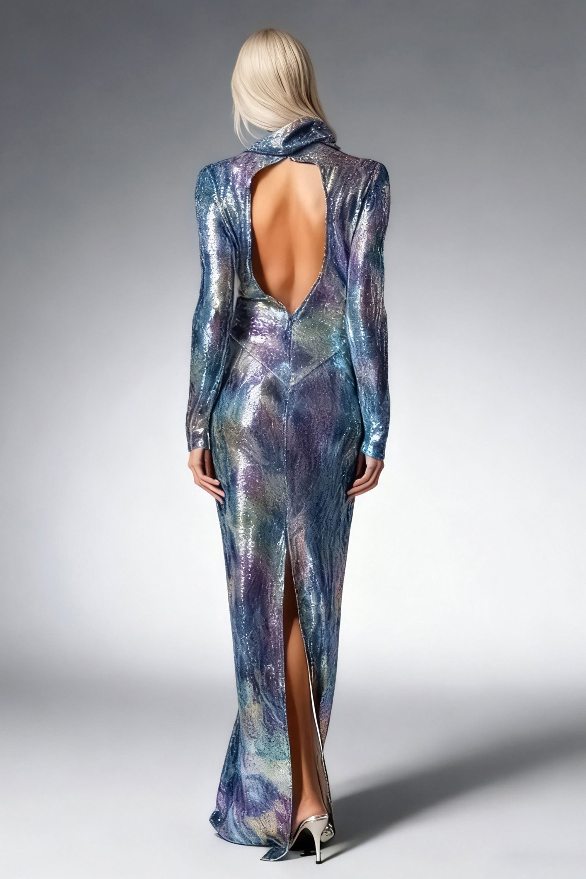 High Neck Long Sleeve Backless Shimmer Sequin Maxi Dress
