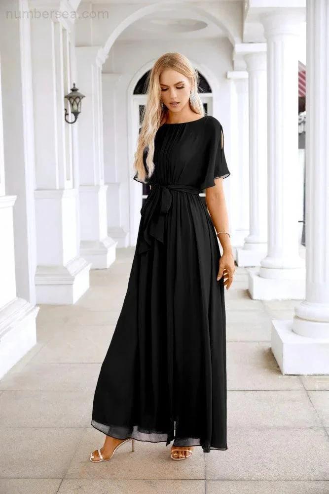 Ladies Chiffon Sleeve Crew Neck Front Slit Floor Length Bridesmaid Evening Dress Wedding Party Evening Dress 28124 (ZD17007)