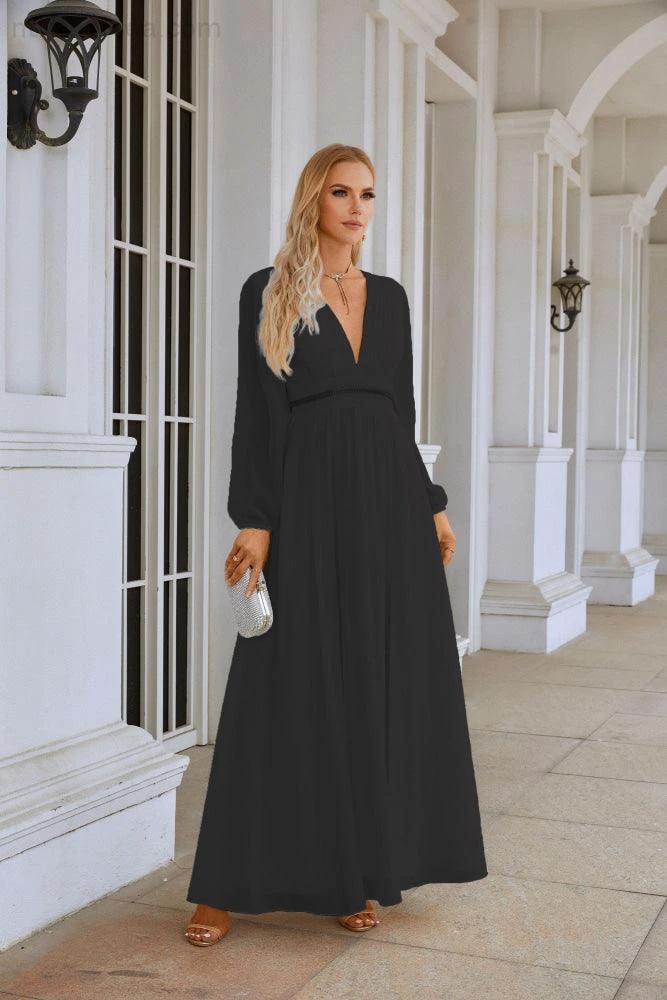 Ladies V Neck Chiffon Long Sleeve Front Slit Bridesmaid Evening Dress Wedding Party Shopping Evening Dress 28109 (ZD16991)