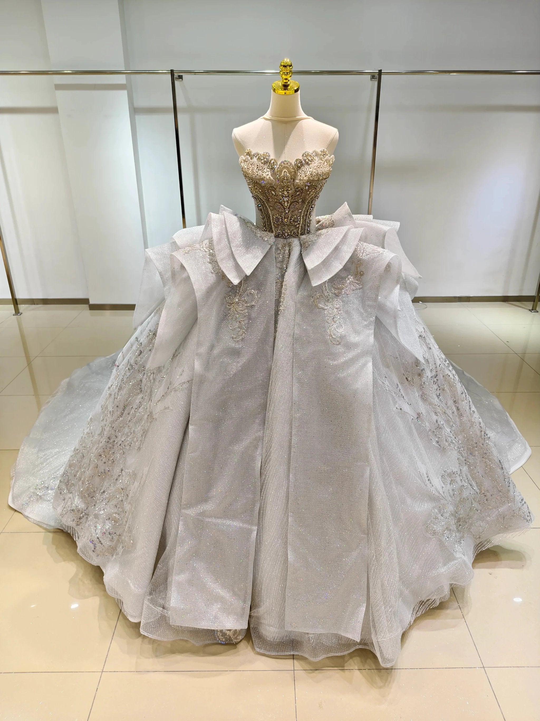 Silver Haze Strapless Ballgown: Gilded Beaded Bust & Ruffled Train by ZAPDRESS