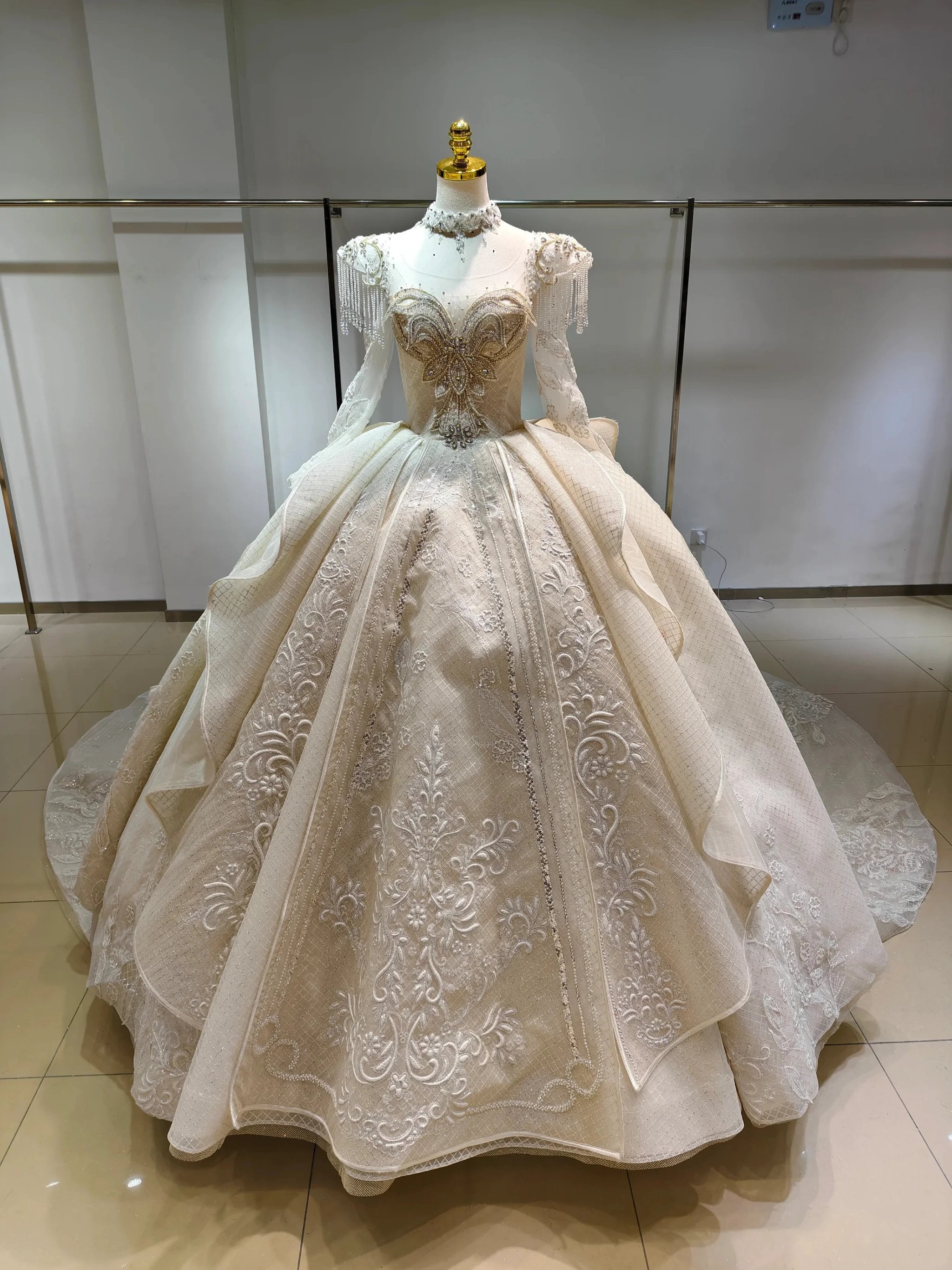 Ivory Gilded Butterfly Ballgown Crystal-Embroidered Bust & Fringed Collar (ZD16778) - VelvetHem