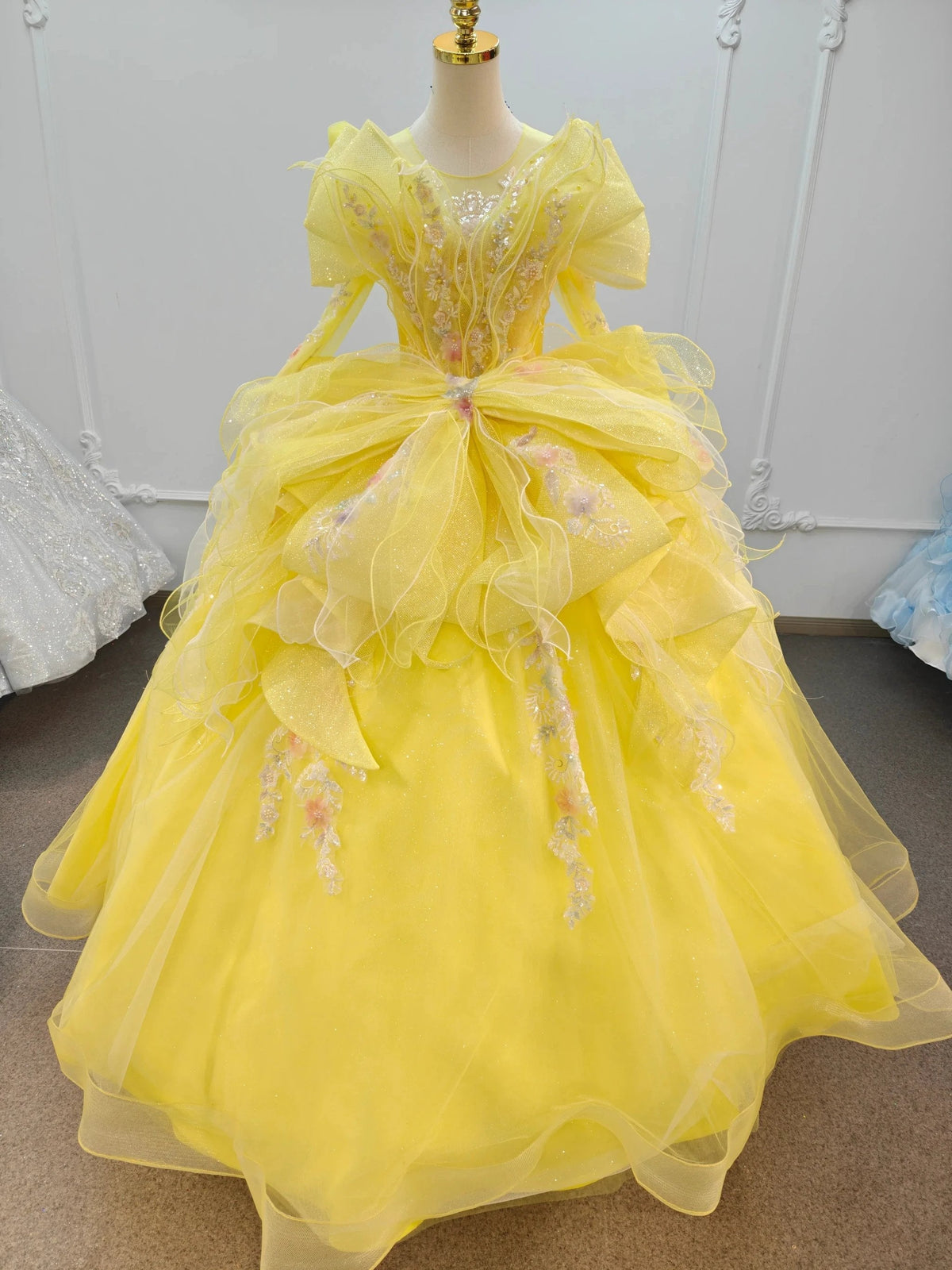 Vibrant Yellow High-Neck Ball Gown Wedding Dress with Ruffled Tulle, 3D Floral Embroidery & Corset Back Ye-2031 (ZD16812) - VelvetHem