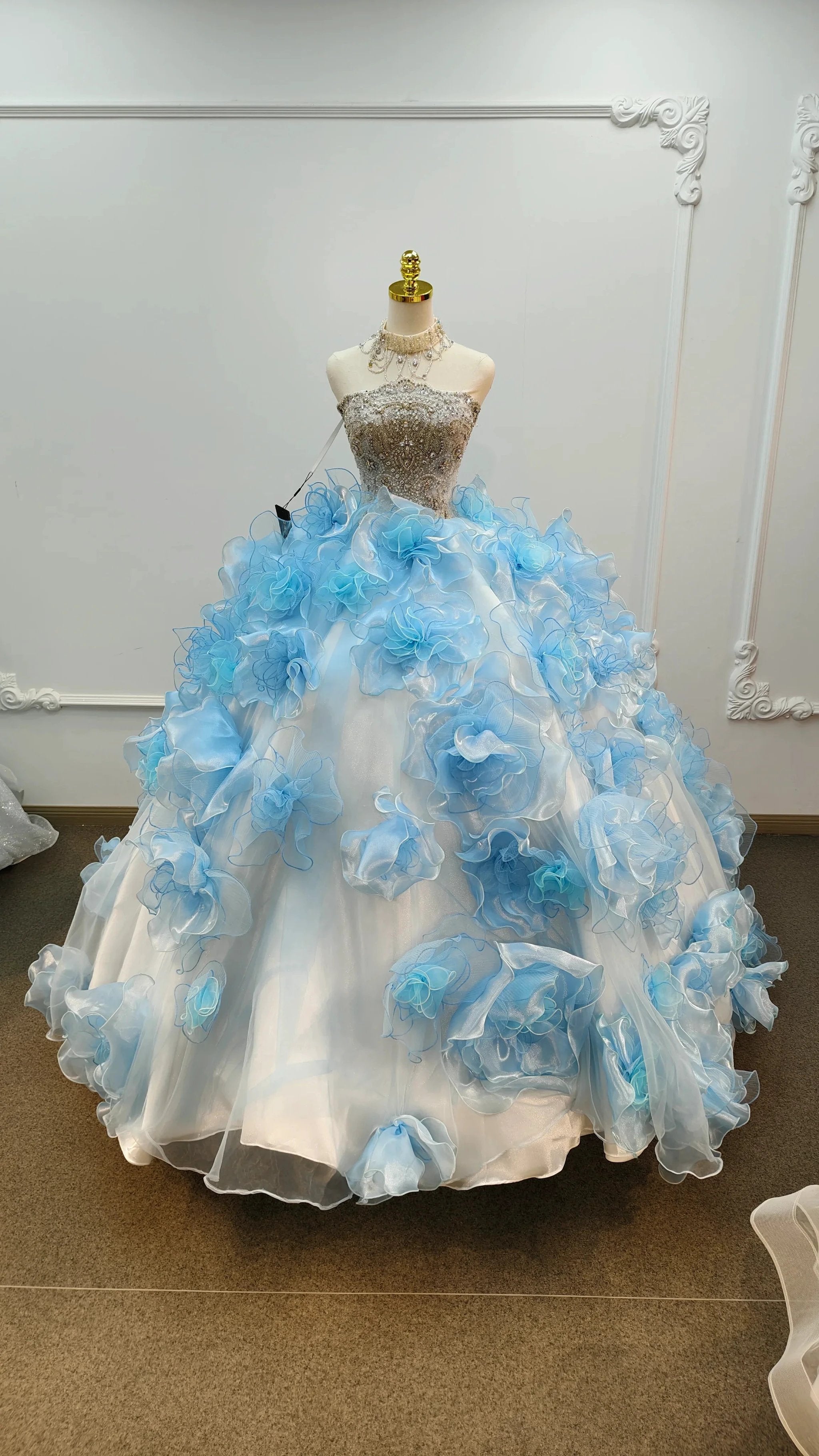 Enchanting Light Blue Strapless Ball Gown Wedding Dress with Crystal Beaded Bodice & 3D Organza Flowers Ye-2024 by ZAPDRESS