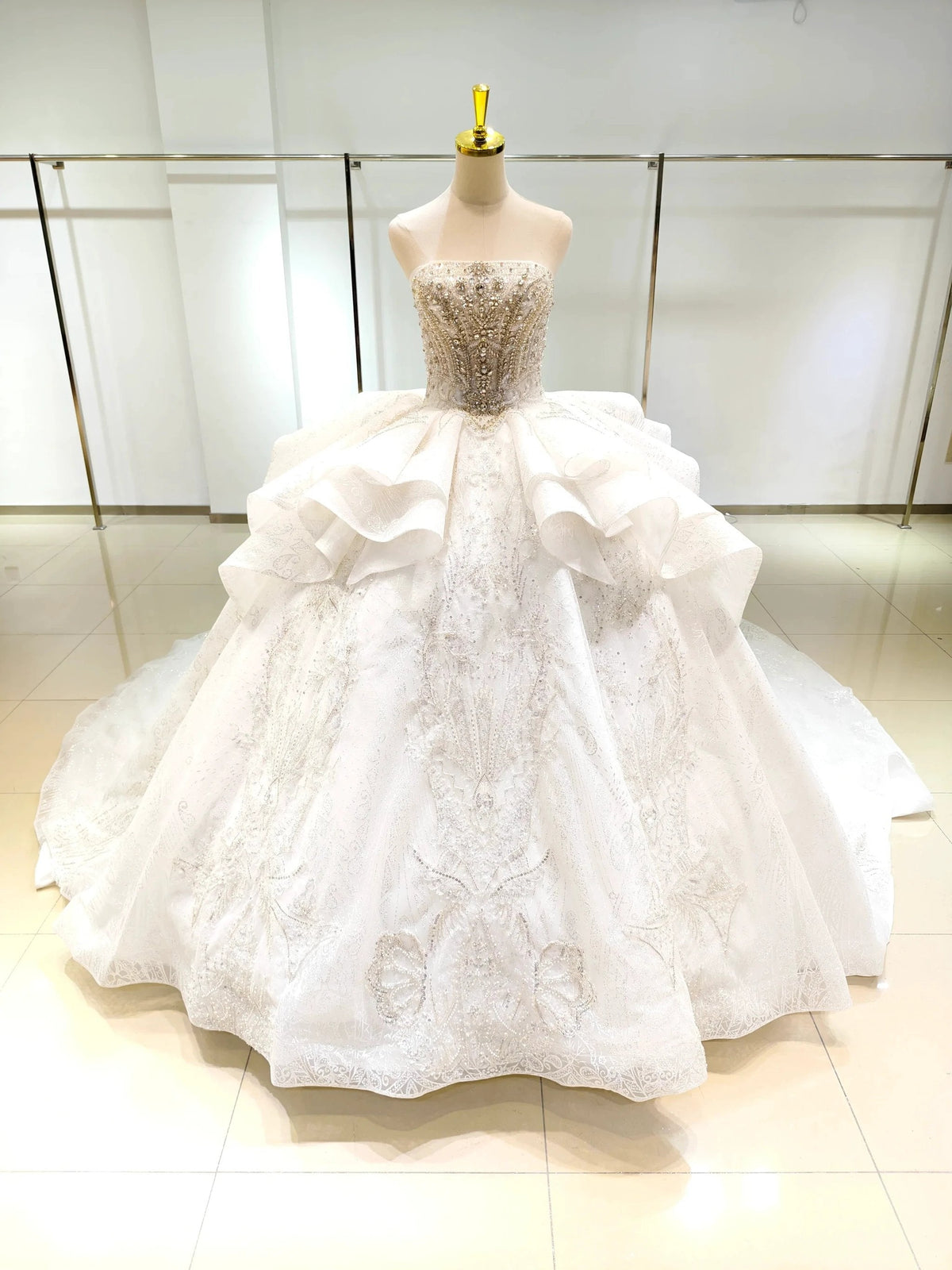 White Gleam Strapless Ballgown Beaded Bust & Ruffled Train by ZAPDRESS