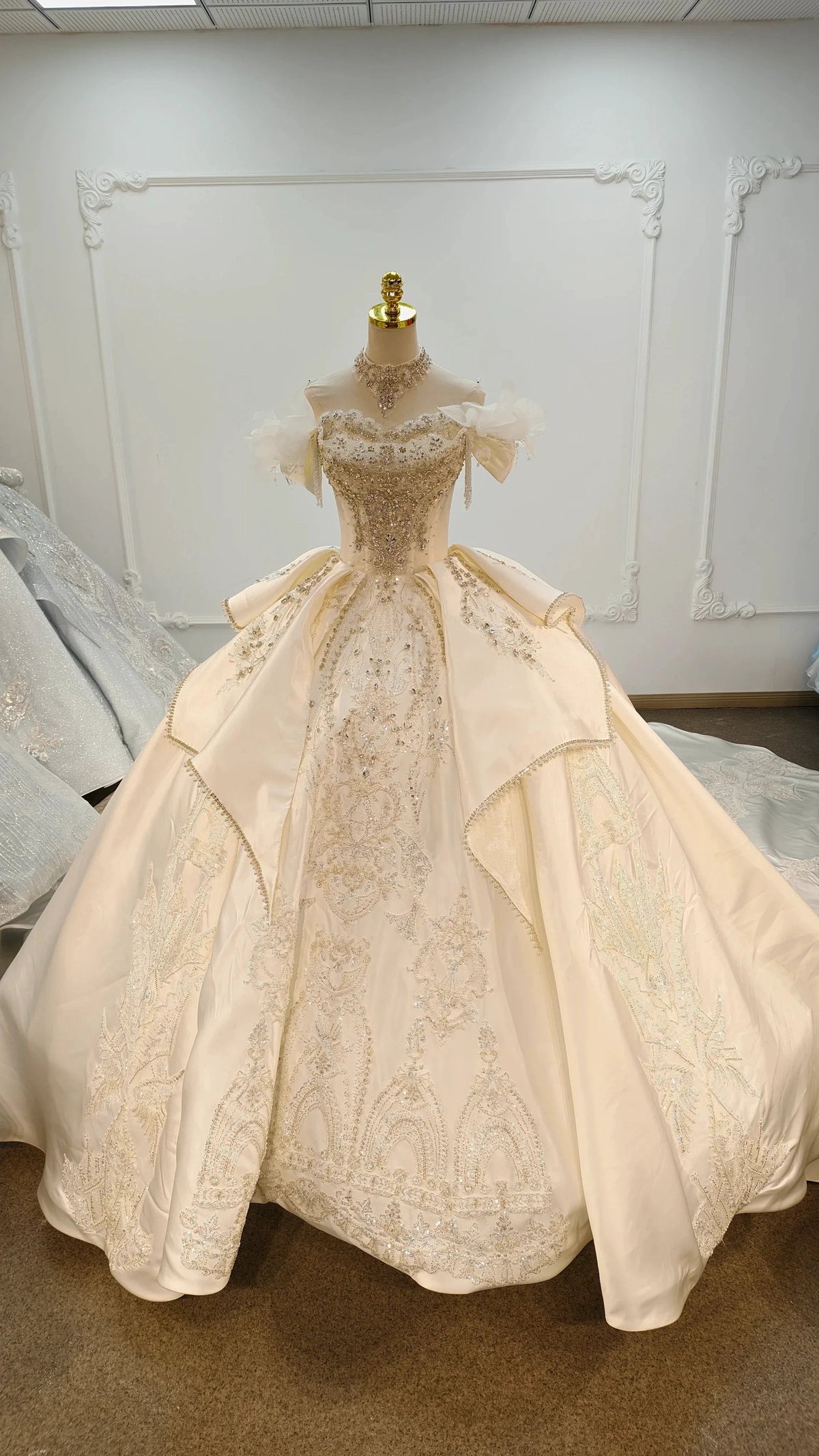 Champagne Glimmer Off-Shoulder Ballgown Crystal-Embroidered Skirt & Fringed Collar (ZD16787)