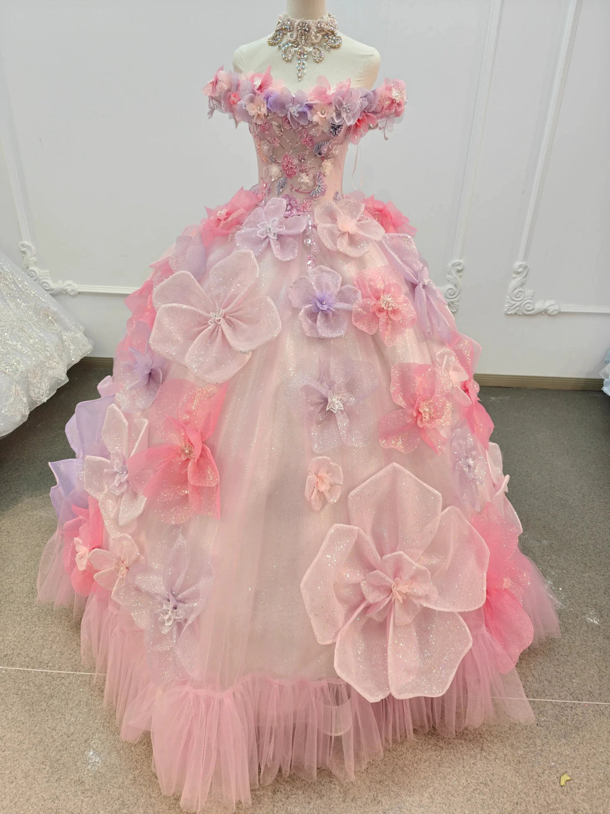 Enchanting Pastel Pink & Purple Off-the-Shoulder Ball Gown Wedding Dress with 3D Glitter Flowers & Crystal Collar Ye-2027 by ZAPDRESS