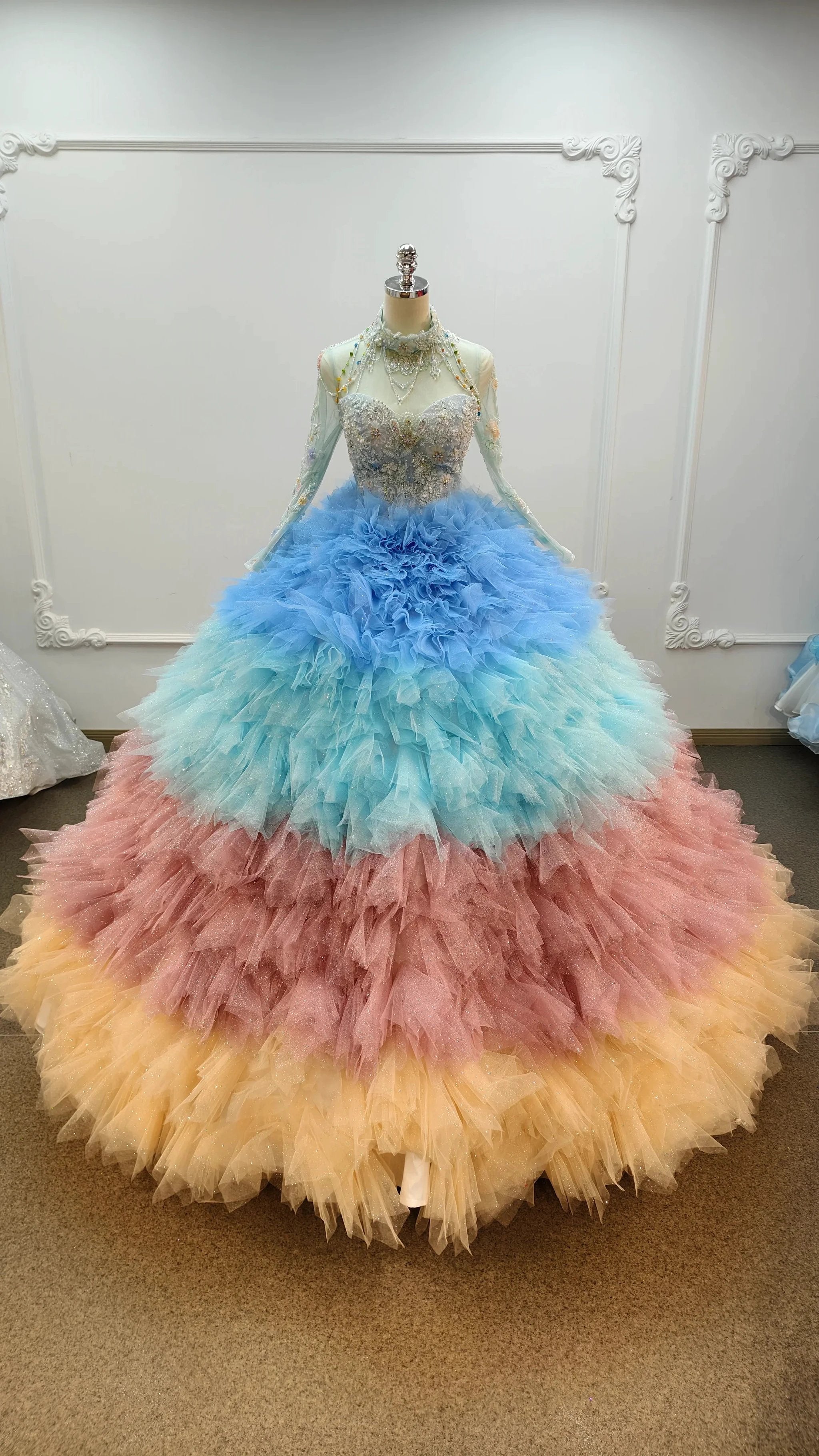 Vibrant Ombre Ball Gown High-Neck Long Embroidered Sleeve Beaded Ruffled Wedding Dress Ye-2017 by ZAPDRESS