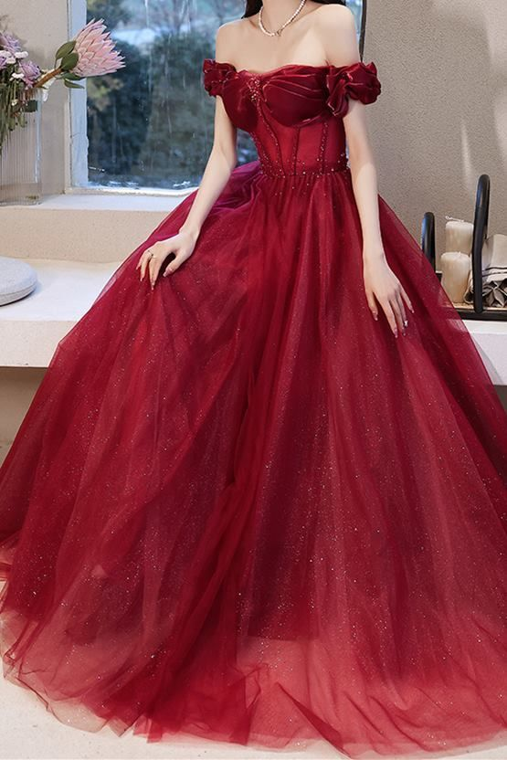 Lovely Pink Off-the-Shoulder Tulle Beading Prom Dress A-Line Party Evening Dress - View 7 | FashionDia