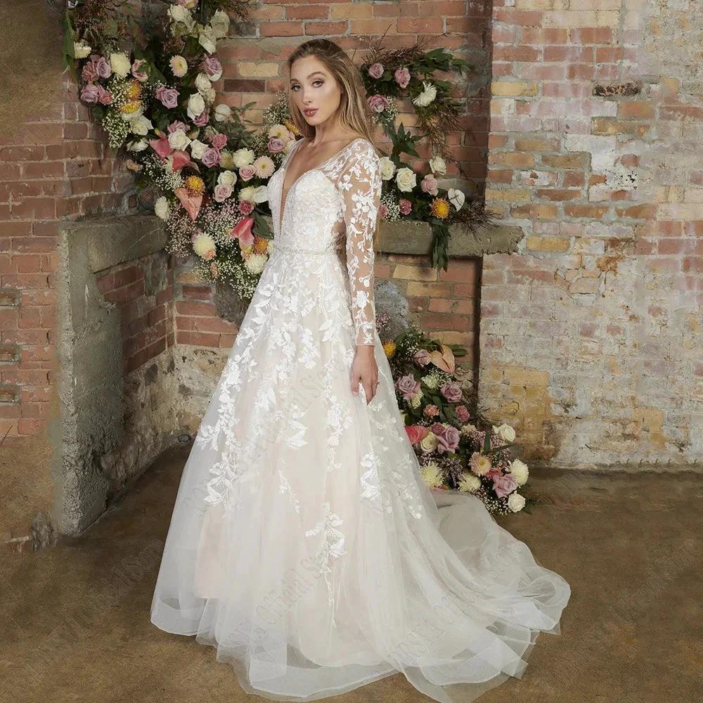 Light Champagne Modern Wedding Dresses Backless Applique Bride Gowns A-Line Tulle V-Neck Long Sleeves vestido de noiva by payinti