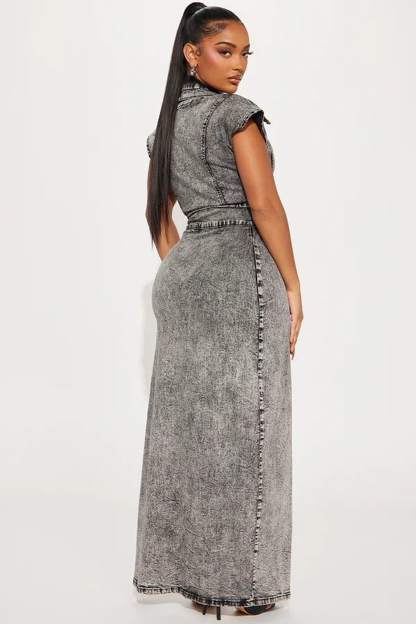 Slim Fit Split Denim Dress - View 5 | VelvetHem
