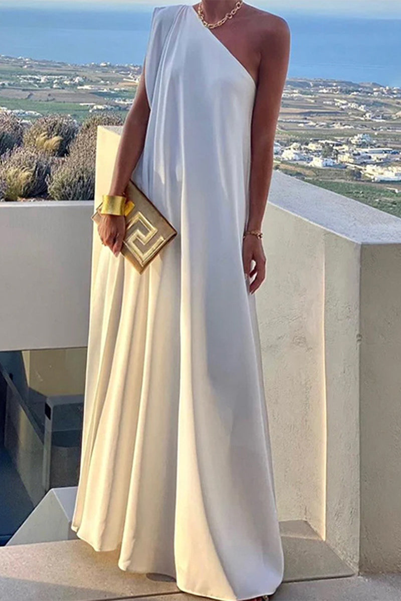 Elegant Simplicity Solid Asymmetrical Oblique Collar Evening Dress Dresses - VelvetHem
