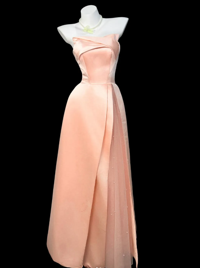 Sweet Pink Strapless Satin Tulle Beaded A Line Party Dress Long Wedding Guest Dress