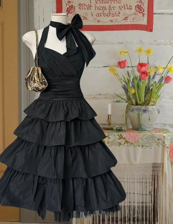 Fashion Black Halter Satin Layered A-Line Short Party Dress Formal Homecoming Dress - FashionDia