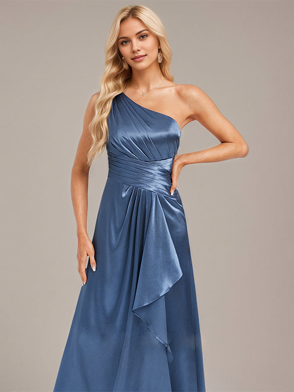 Slate Blue A-Line One Shoulder Floor-Length Satin Bridesmaid Dress With Ruffle