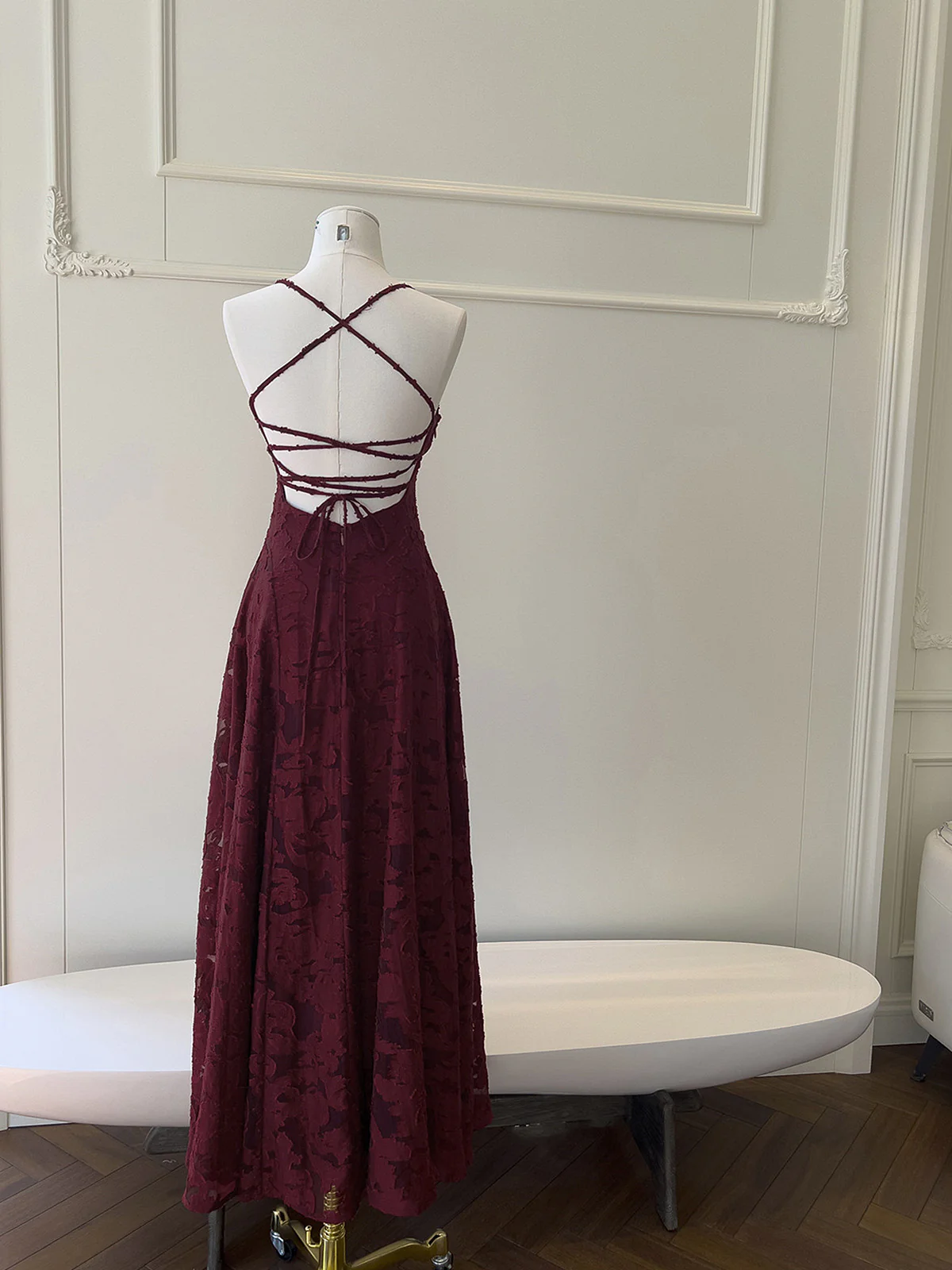 Wine Red Lace Cross Back Party Dress Prom Dress, Wine Red A-line Evening Dress - View 3 | FashionDia