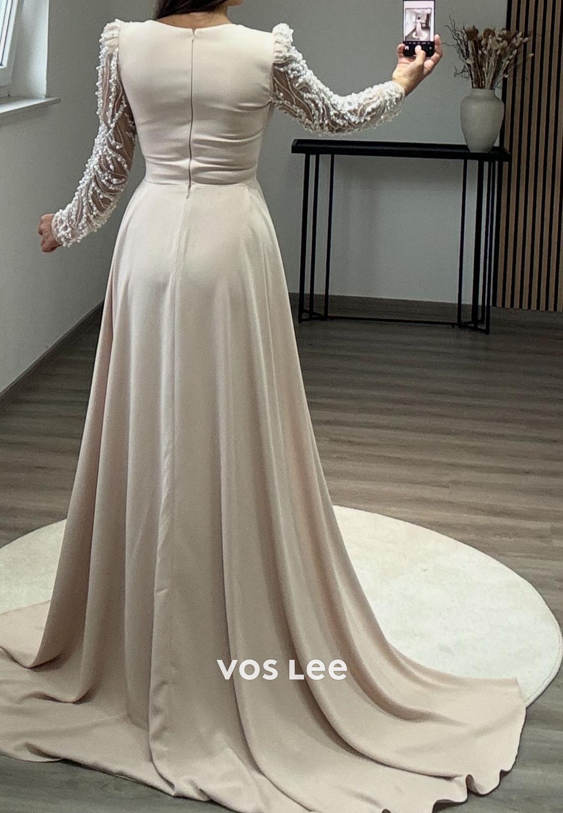 Pleated Beading Long Sleeve Illusion Neck Sweep Train Formal Dresses