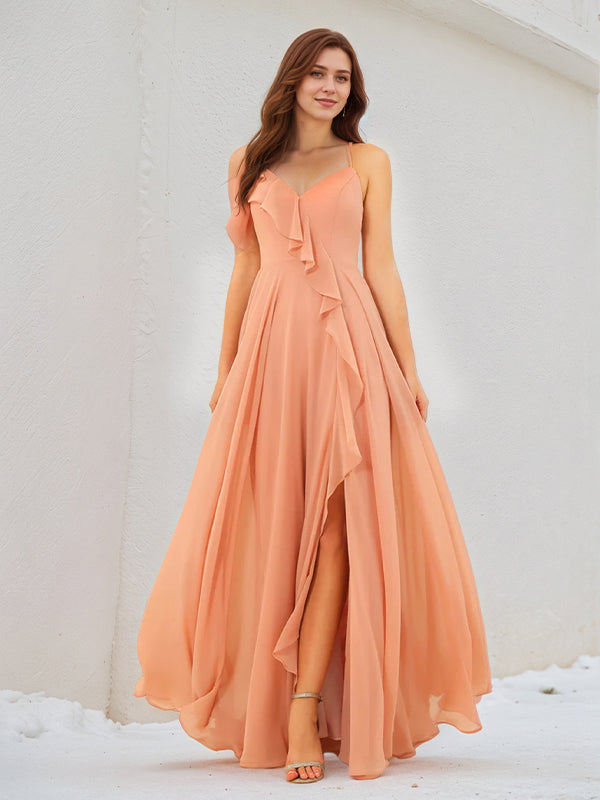 Orange Chiffon Spaghetti Straps Sleeveless Floor Length Dress With High Slit