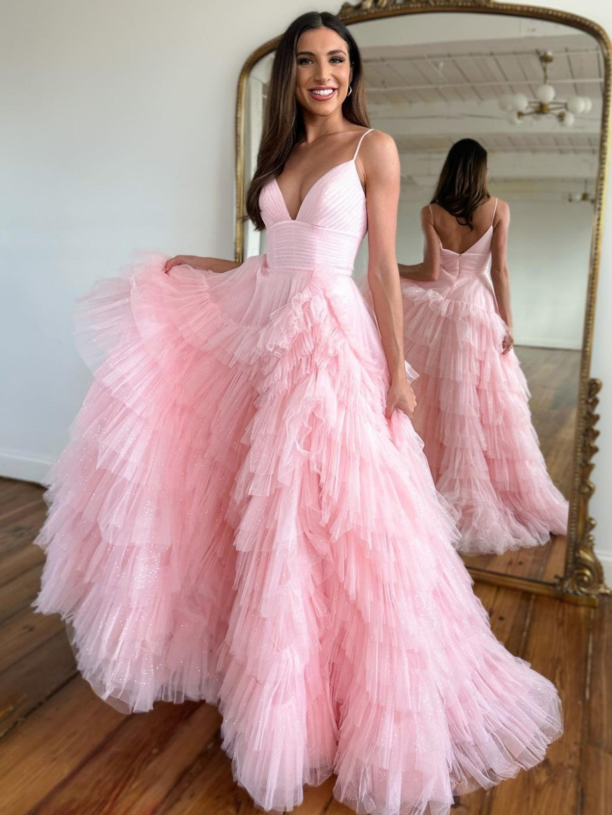 Light Pink A-Line Tiered Spaghetti Straps Tulle Prom Dress - View 2 | VelvetHem