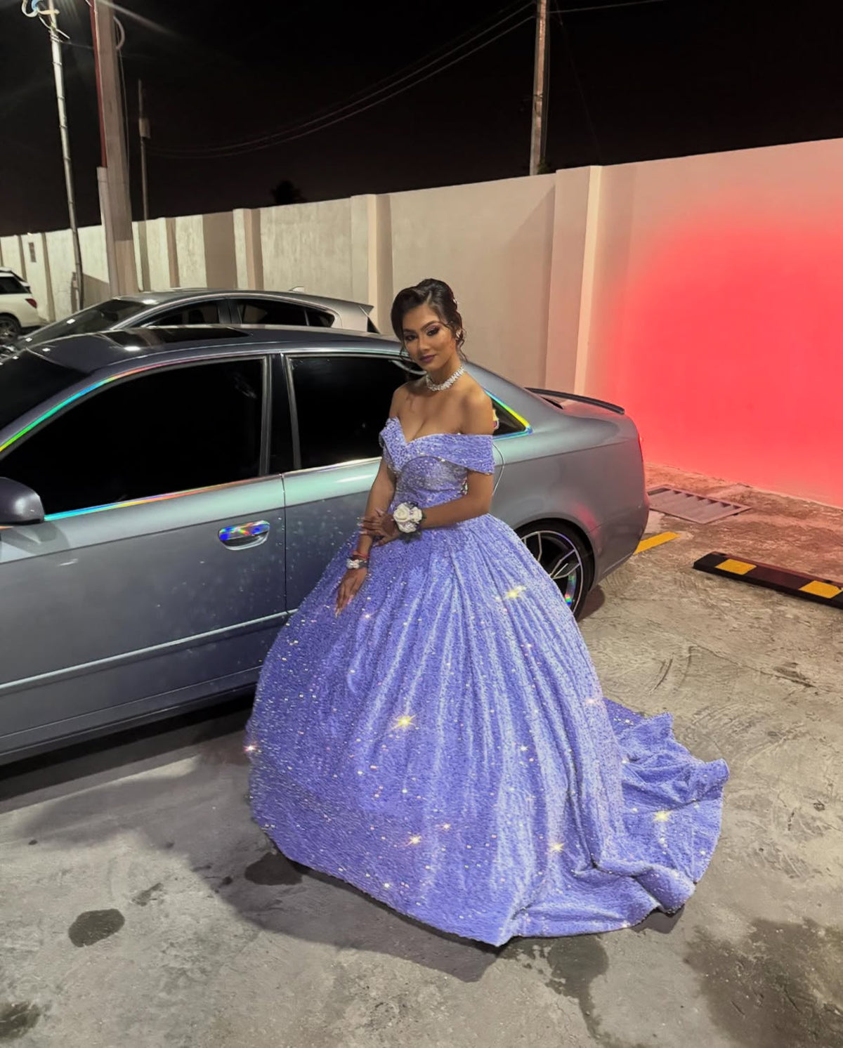 Off Shoulder Lavender Birthday Dress Sequin Sparkling Prom Dress J7888