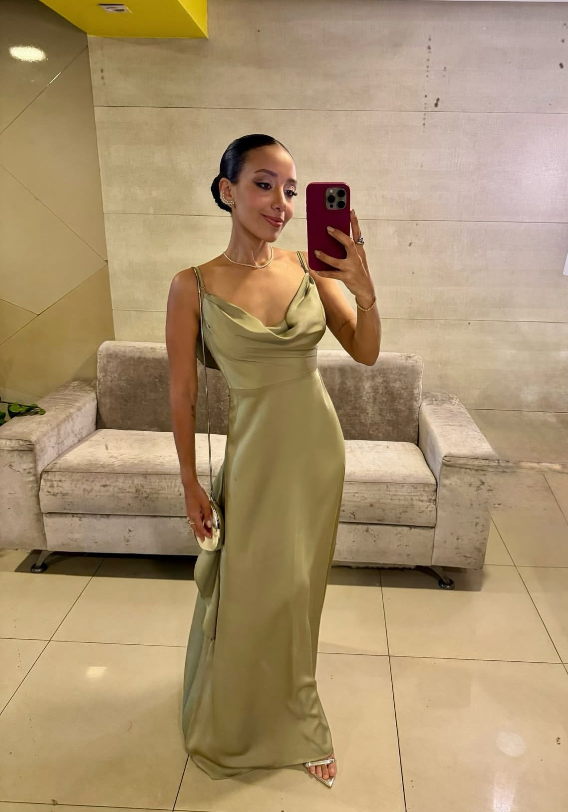 V Back Ruffle Long Party Dress Satin Wedding Guest Dress J8835