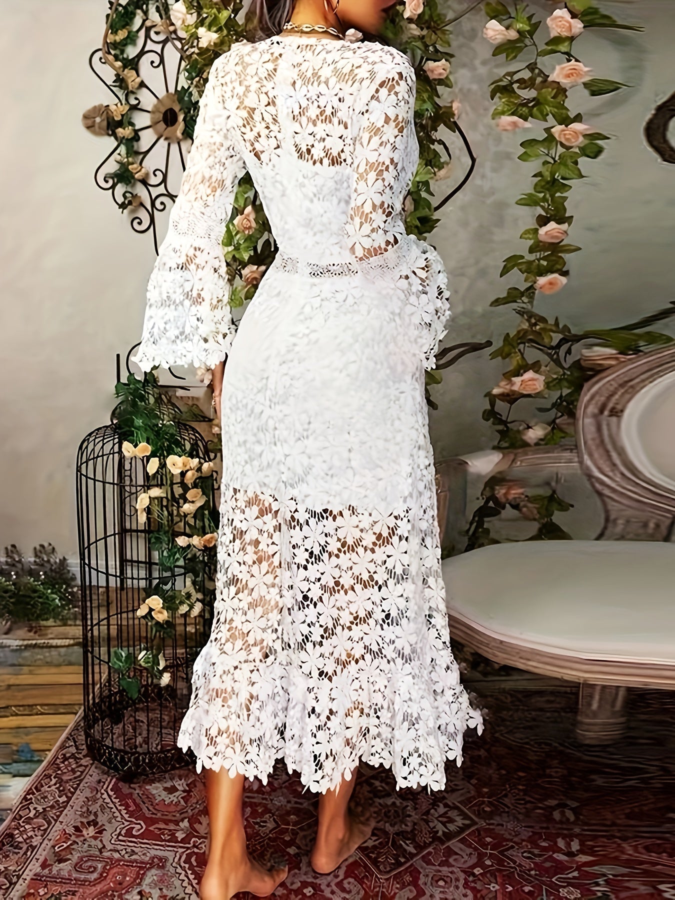 Adeltrudis Chic Cotton Guipure Lace V Neck Long Sleeves Aprons Cocktail Festive Dress for Women Evening Wear Edit
