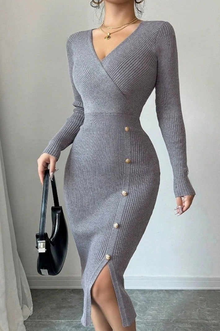 Knitted V-Neck Long-Sleeve Buttoned Sweater Dress - VelvetHem