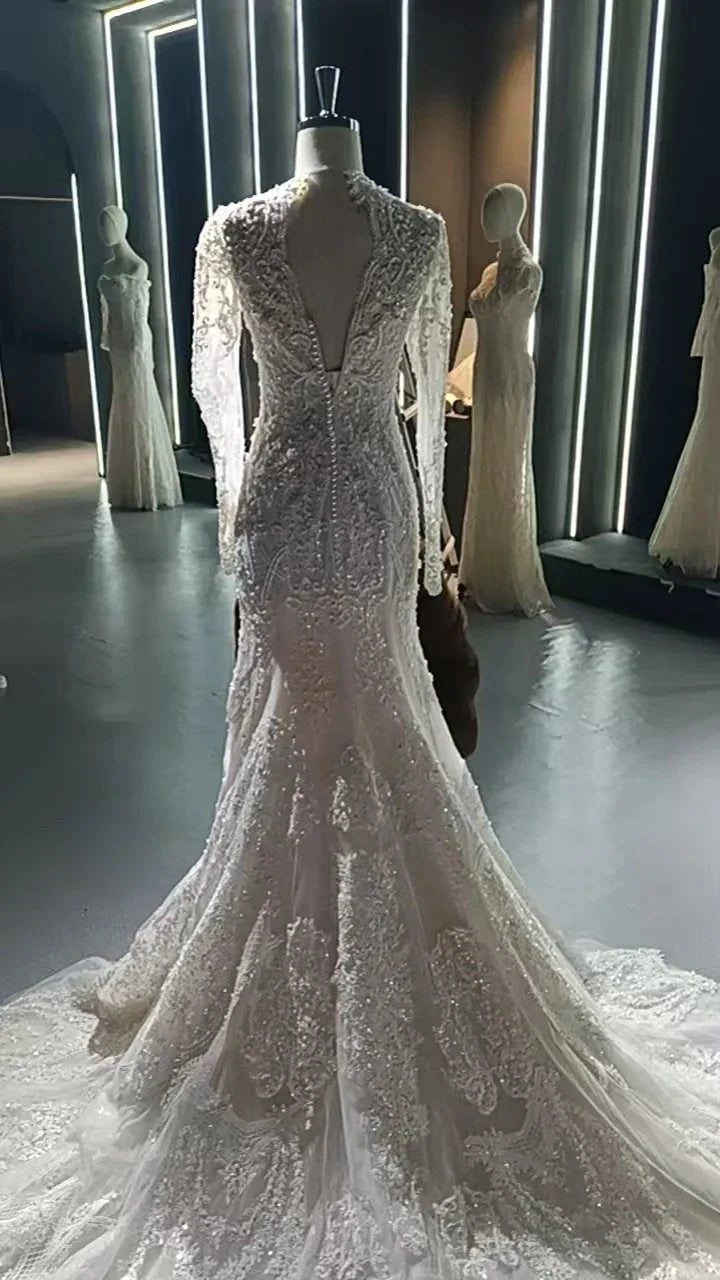 V-neck long sleeved luxurious nail bead trailing bridal veil (ZD16770) - View 11 | VelvetHem