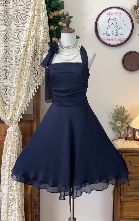 Stylish Navy Blue Chiffon A-Line Homecoming Dress Halter Cocktail Dress - View 2 | FashionDia