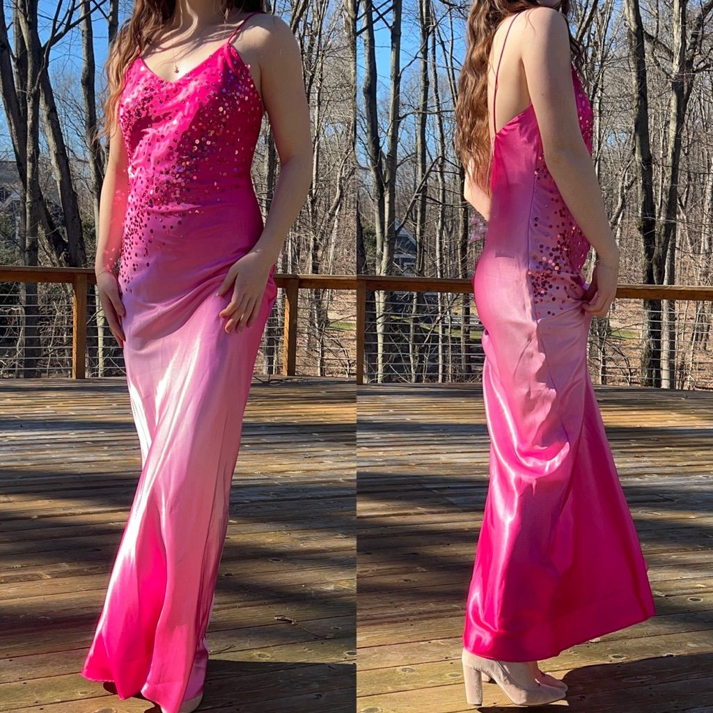 Stylish Spaghetti Straps Ombre Pink Satin Sequin Long Wedding Guest Dress Formal Evening Dress - FashionDia