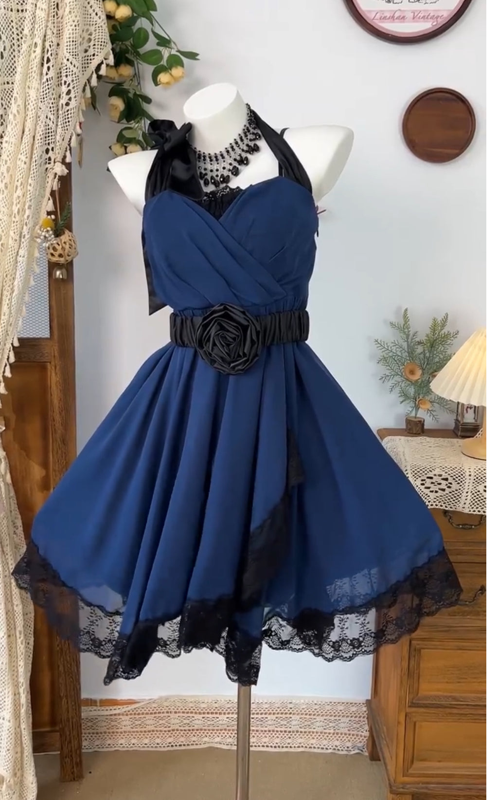 A-Line Blue Chiffon Short Prom Dress Lace Homecoming Dress