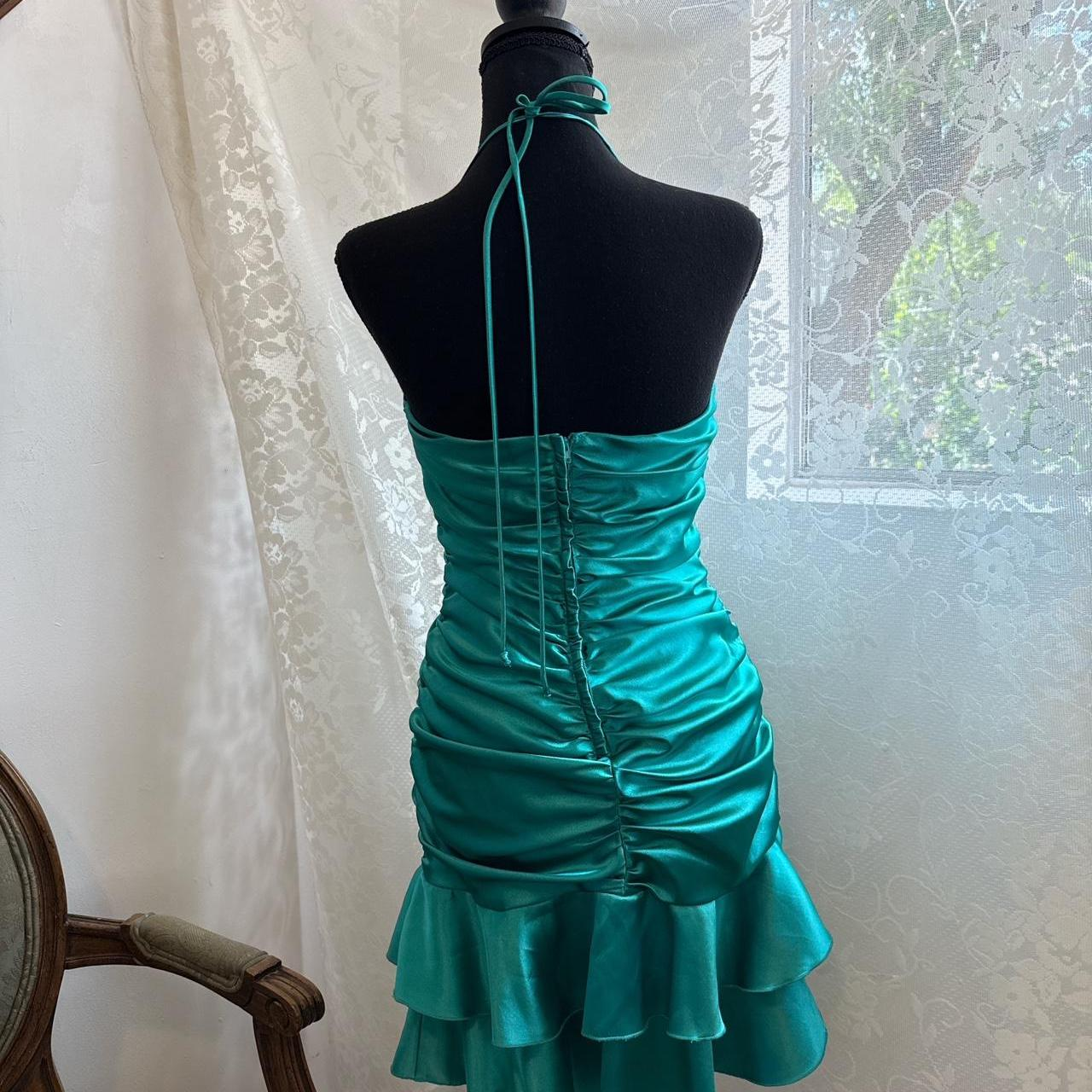 Elegant Halter Green V-Neck Satin Pleated Ruffled Mini Party Dress Formal 7th Grade Homecoming Dress - View 3 | FashionDia