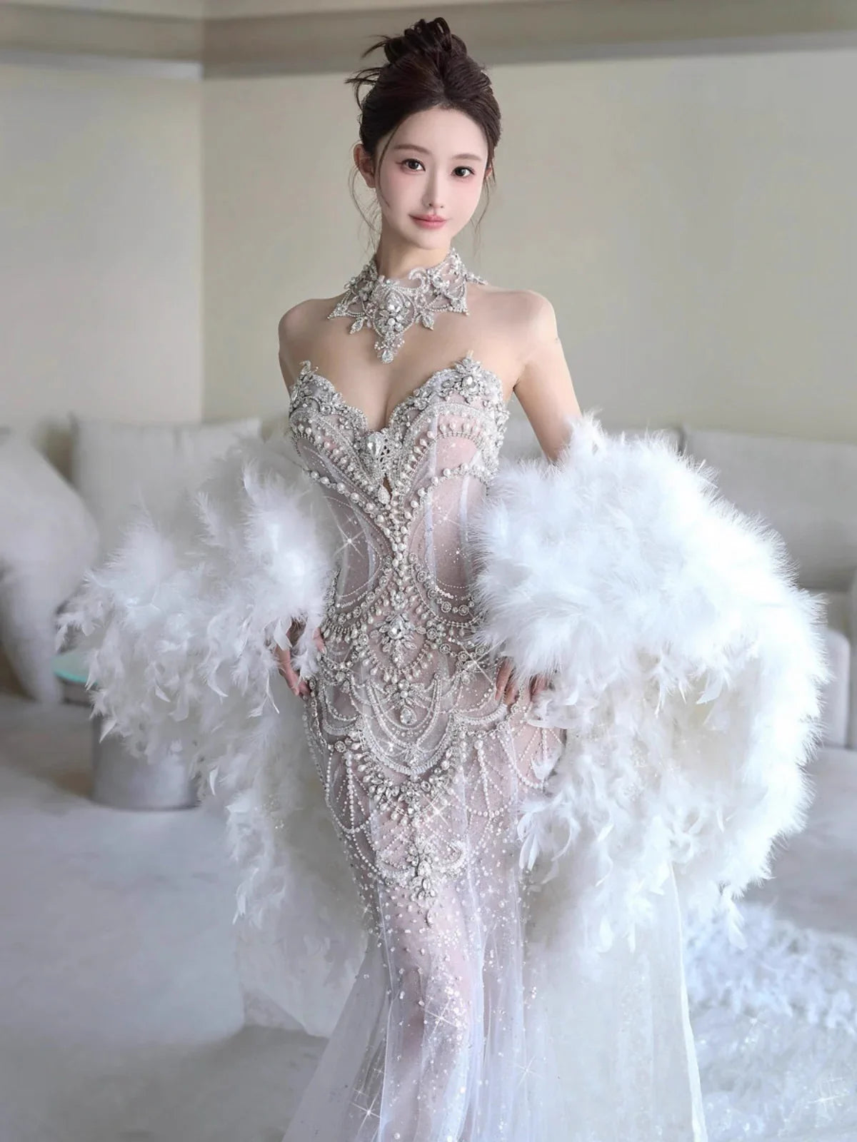 Elegant Silver-White Mermaid Sweetheart Neckline Pearl-Beaded Tulle Train Prom & Evening Dress - View 9 | FashionDia