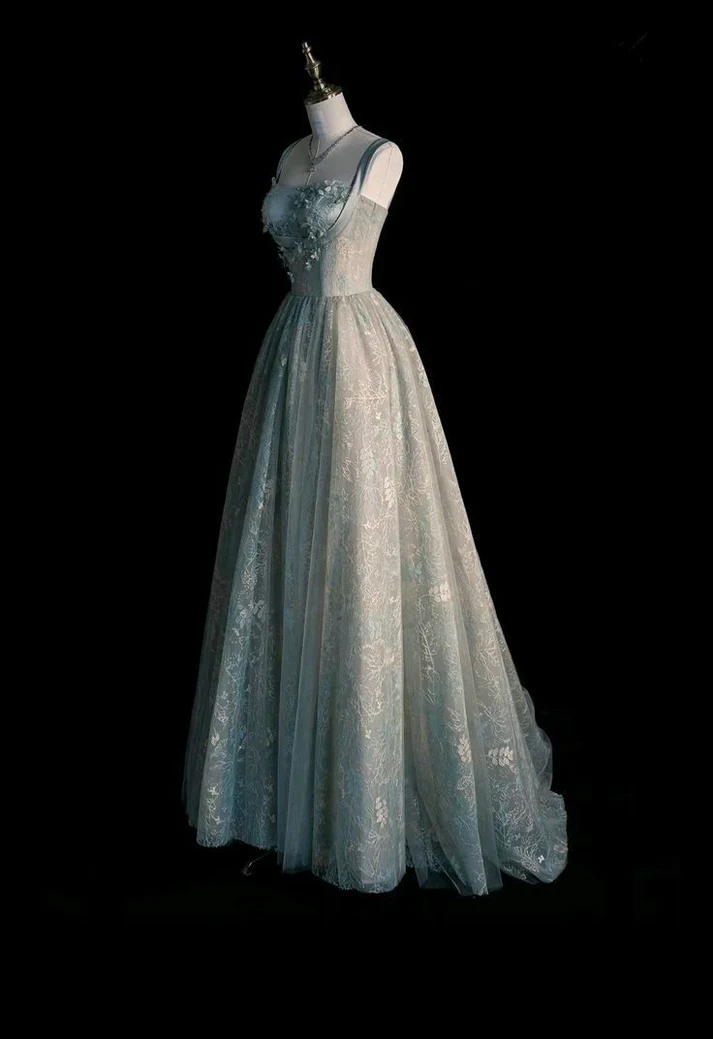 Fashion Lace Evening Gown Sage Green Long A-Line Party Prom Dress - View 4 | FashionDia