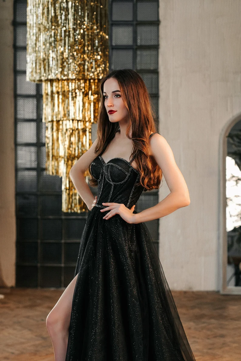 Black tulle sweetheart neck long prom dress, black tulle formal dress - View 3 | FashionDia