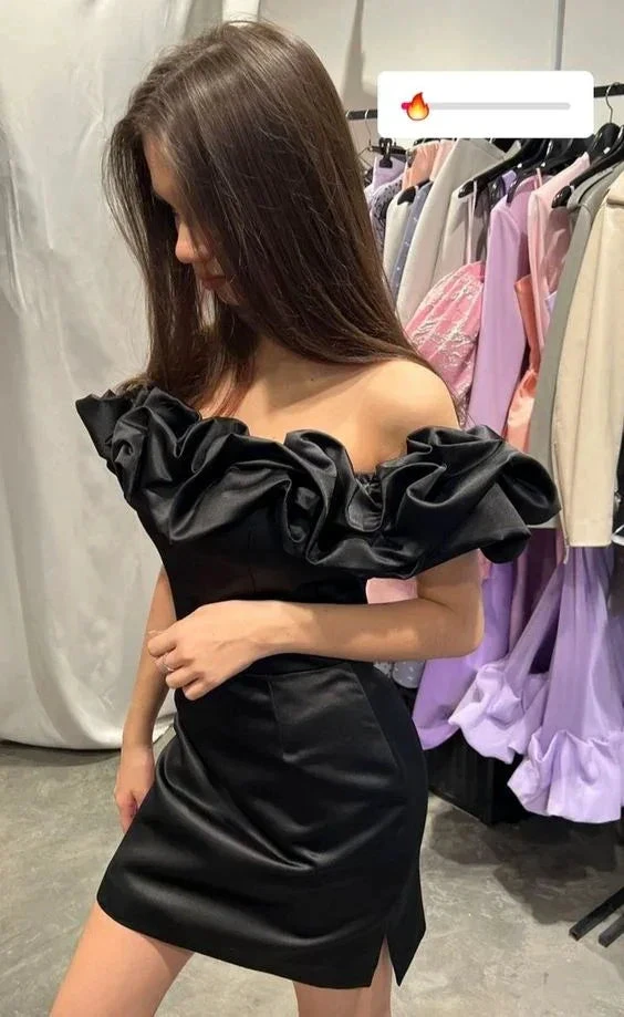Off Shoulder Short Sleeve Frill Mini Dress Hot Sale Black Homecoming Dress (ZD12565)