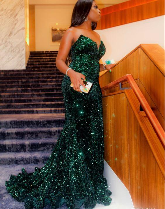 Sparkly Sequin Green Long Mermaid Evening Dresses Black Women Y558 - View 2 | VelvetHem