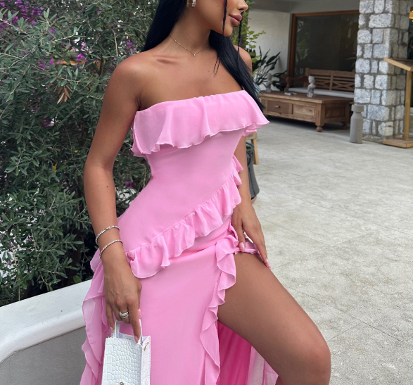 Pretty Pink Strapless Ruffle Slit Evening Dress Long Birthday Prom Dress Y8203 - View 2 | VelvetHem