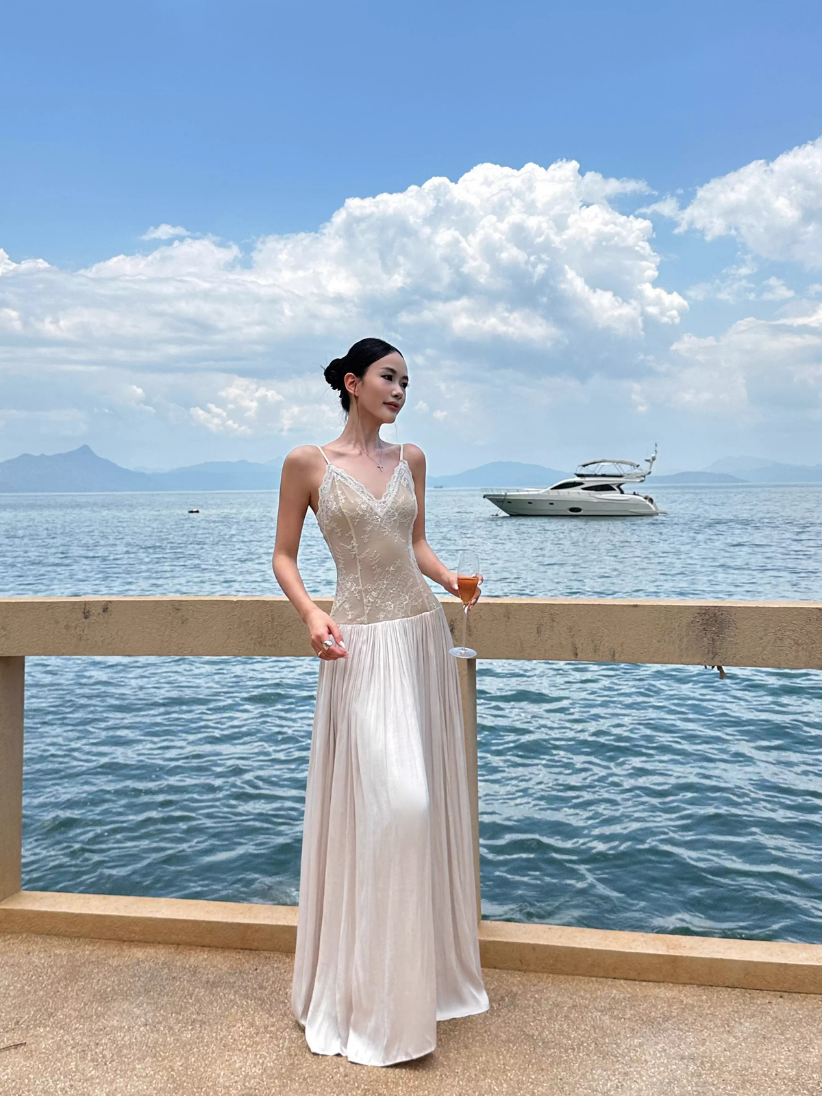 Unique Apricot Spaghetti Straps V-Neck Lace Satin A-Line Long Evening Dress Party Gown - View 4 | FashionDia